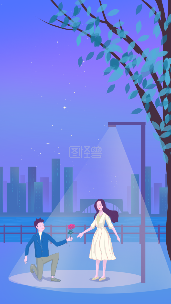 图怪兽原创元素玫瑰情人节男孩送花女孩插画背景