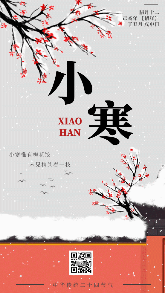 卡通红墙小寒节气动态海报
