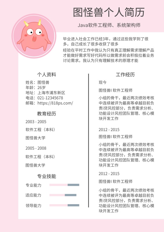 粉色白色黑色系统架构师简约求职简历