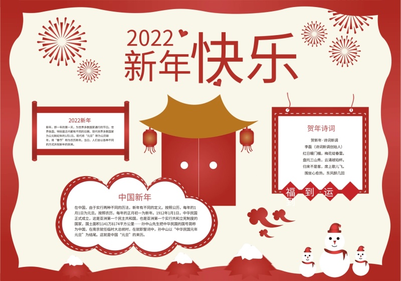 纯原创手绘风新年快乐手抄报