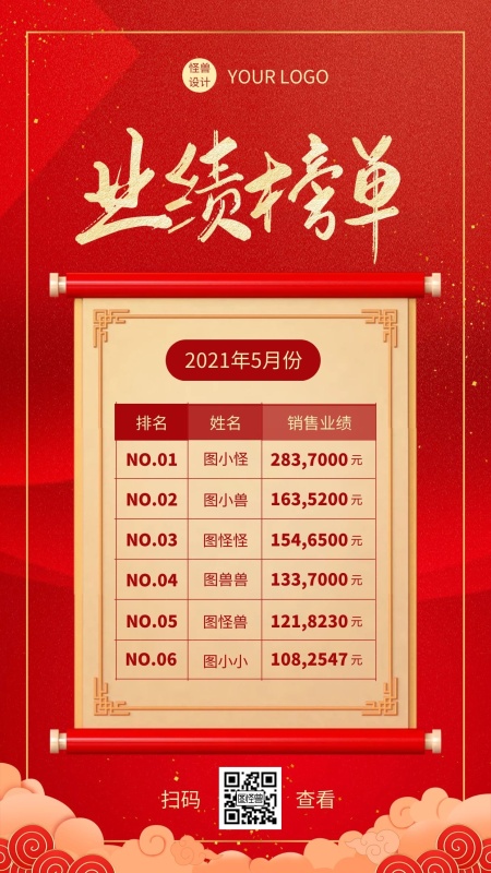 红色简约喜庆业绩表格手机海报