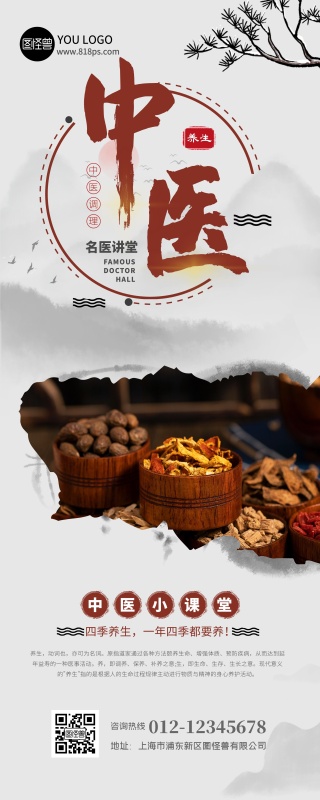 灰色复古中医培训易拉宝