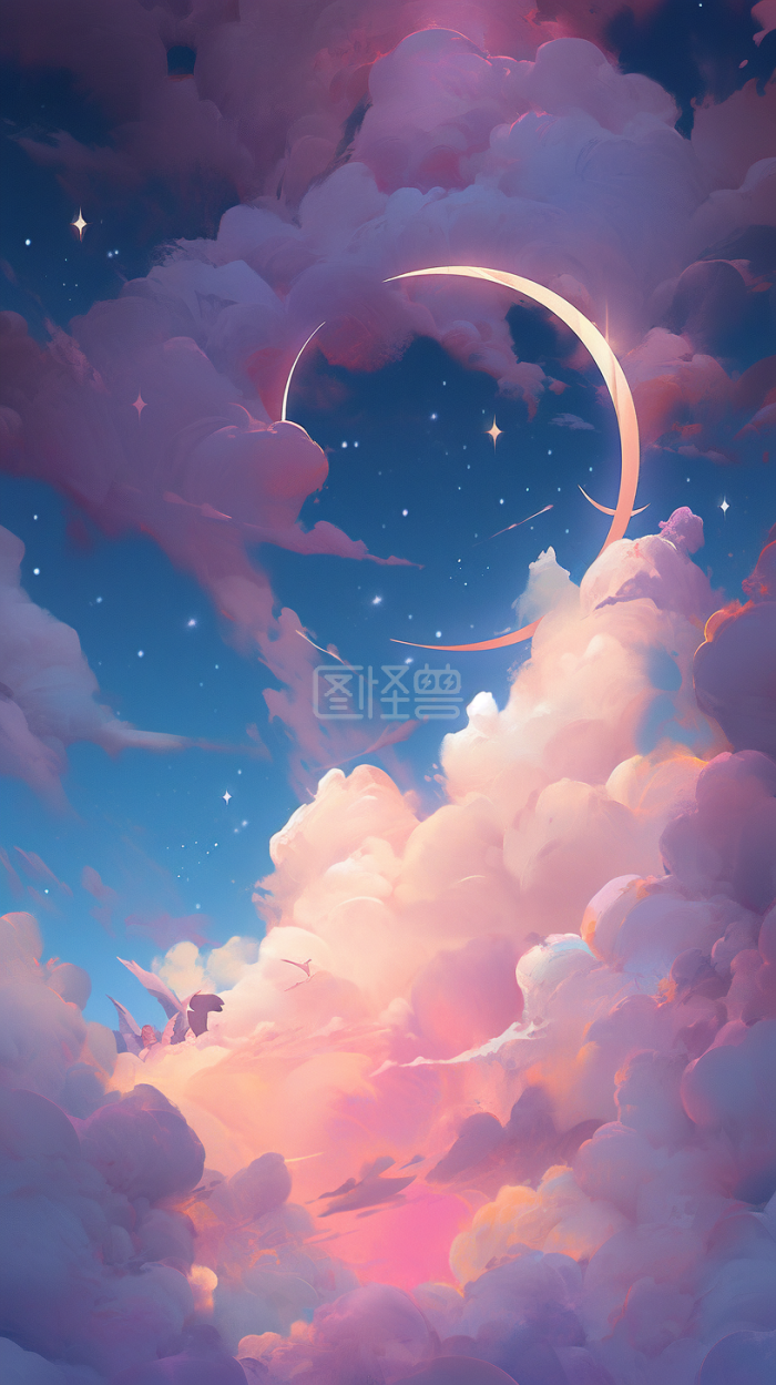 手绘插画梦幻天空系列背景-背景素材图片-图怪兽