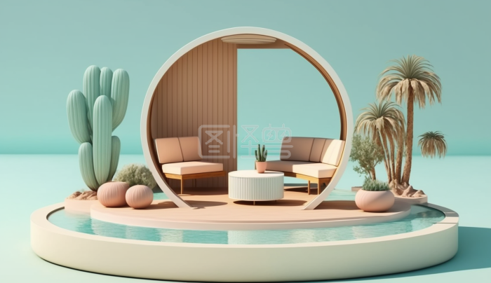 3D夏日泳池梦幻展示台-背景素材图片-图怪兽