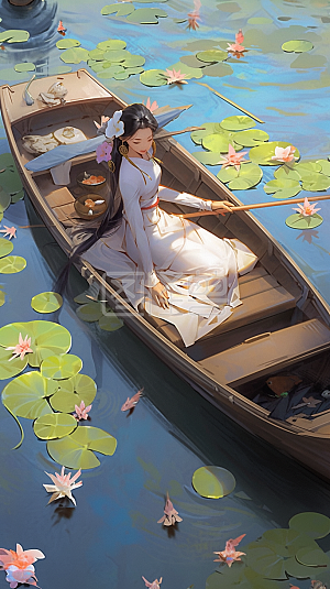 古风划船荷塘人物柳树清明节节日详情图怪兽原创元素晚安日签女孩