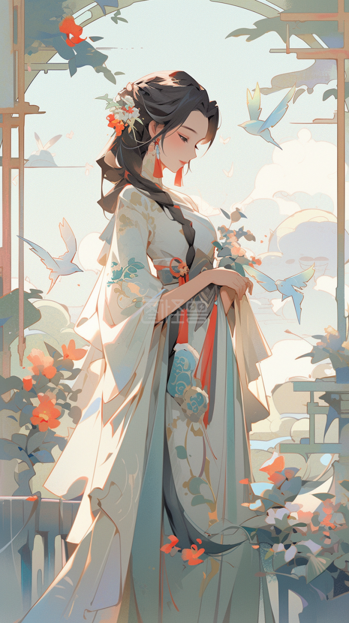 手绘插画中国风古代女性人物背景-背景素材图片-图怪兽