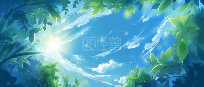 插画风夏天的阳光树叶间照耀背景-背景素材图片-图怪兽
