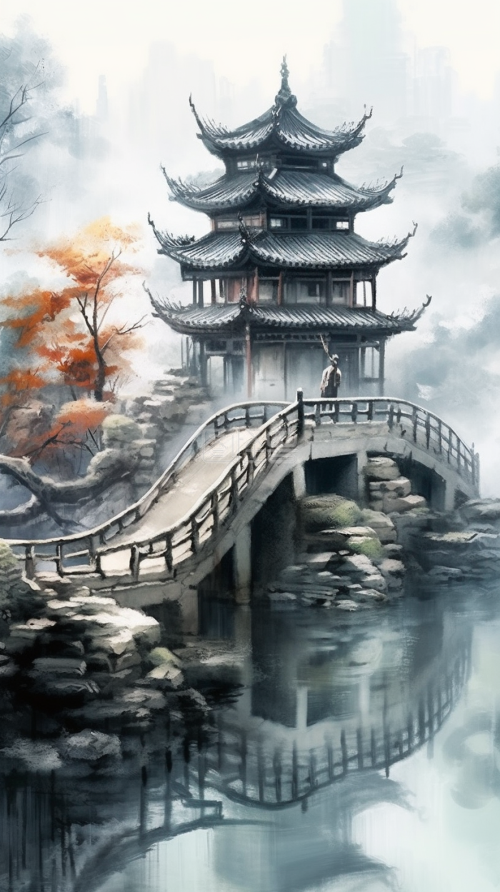 中国古风水墨建筑合集-背景素材图片-图怪兽