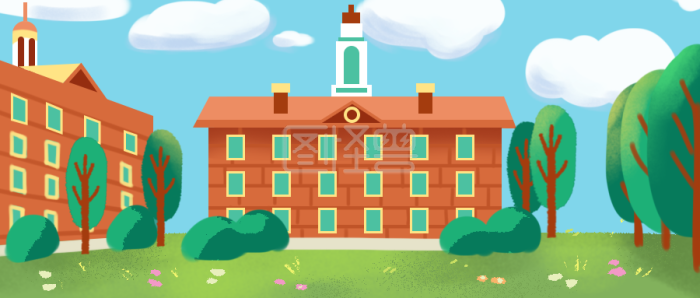 图怪兽原创元素手绘简约扁平校园教学楼建筑物学校背景插画-背景素材图片-图怪兽