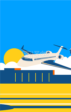 扁平卡通创意配色飞机降落场景图