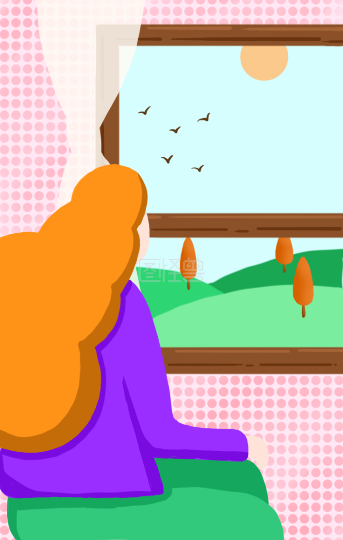 图怪兽原创元素少女看像窗外草地