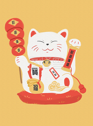 图怪兽原创元素红金日式招财猫现代简约装饰画