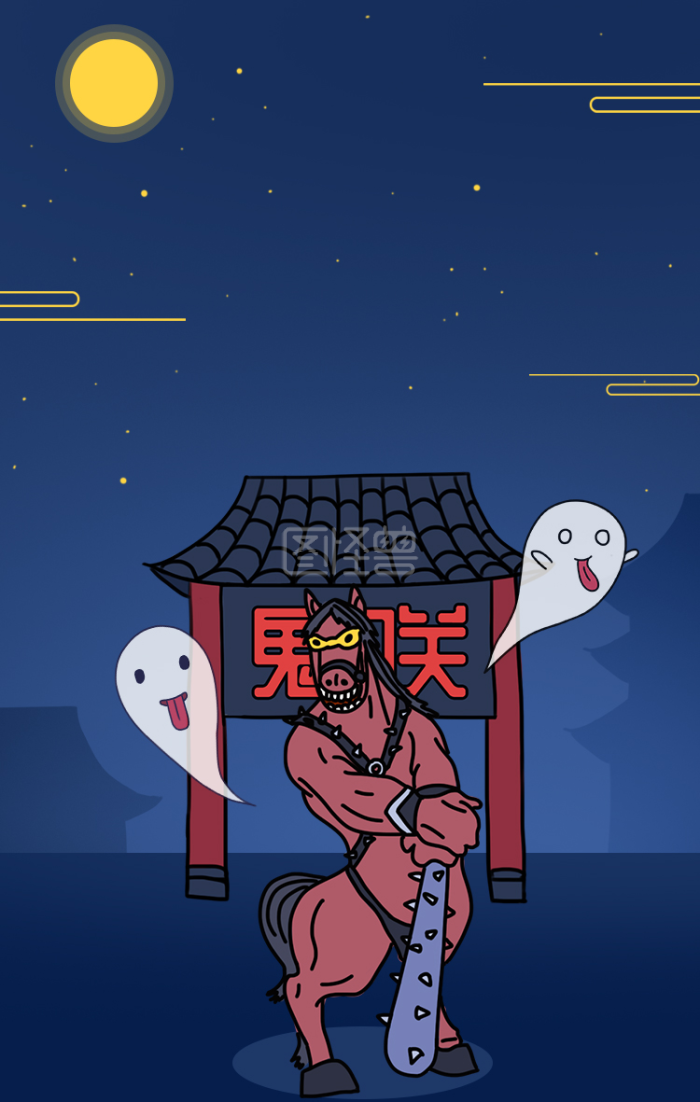 简约卡通线描深色夜晚鬼门关开马面插画背景-背景素材图片-图怪兽
