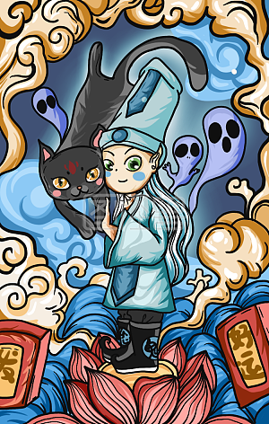 图怪兽原创元素中元节国潮白无常可爱插画