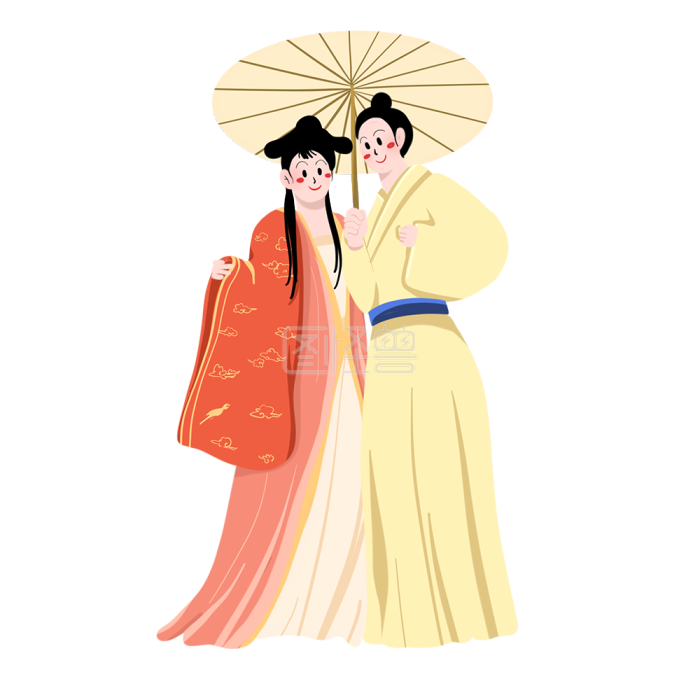 图怪兽原创元素古代书生与小姐情侣撑着伞幽会场景插画元素-背景素材图片-图怪兽