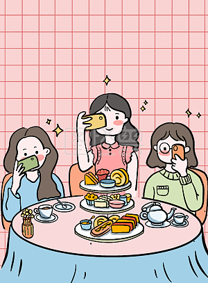 图怪兽原创元素插画女孩朋友闺蜜人物可爱下午茶蛋糕