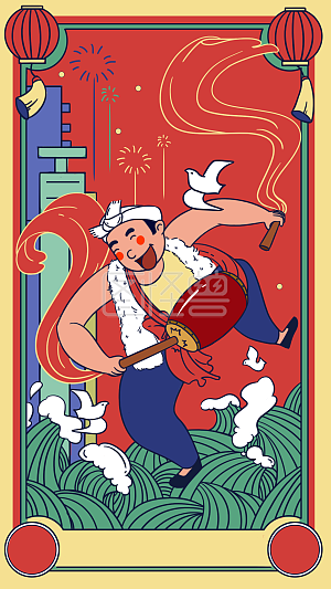 图怪兽原创背景 国庆节日 卡通插画 陕西腰鼓元素