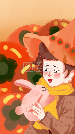 图怪兽原创元素 节气 霜降 柿子 兔兔 小男孩元素
