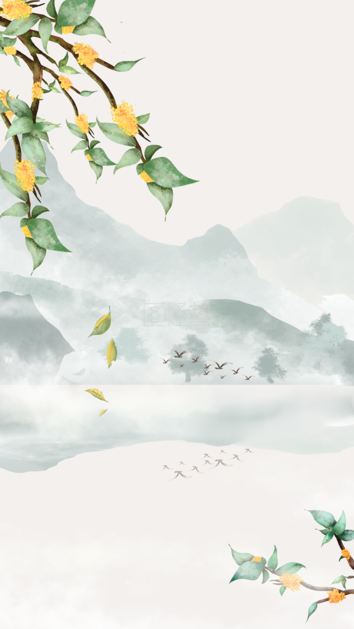 图怪兽原创元素秋分古典水墨风水彩风手机海报