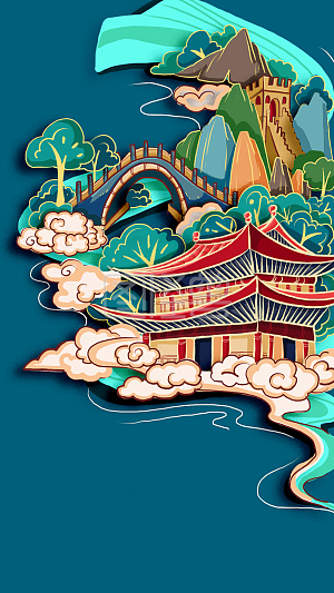 怪兽原创元素 复古国潮风格建筑