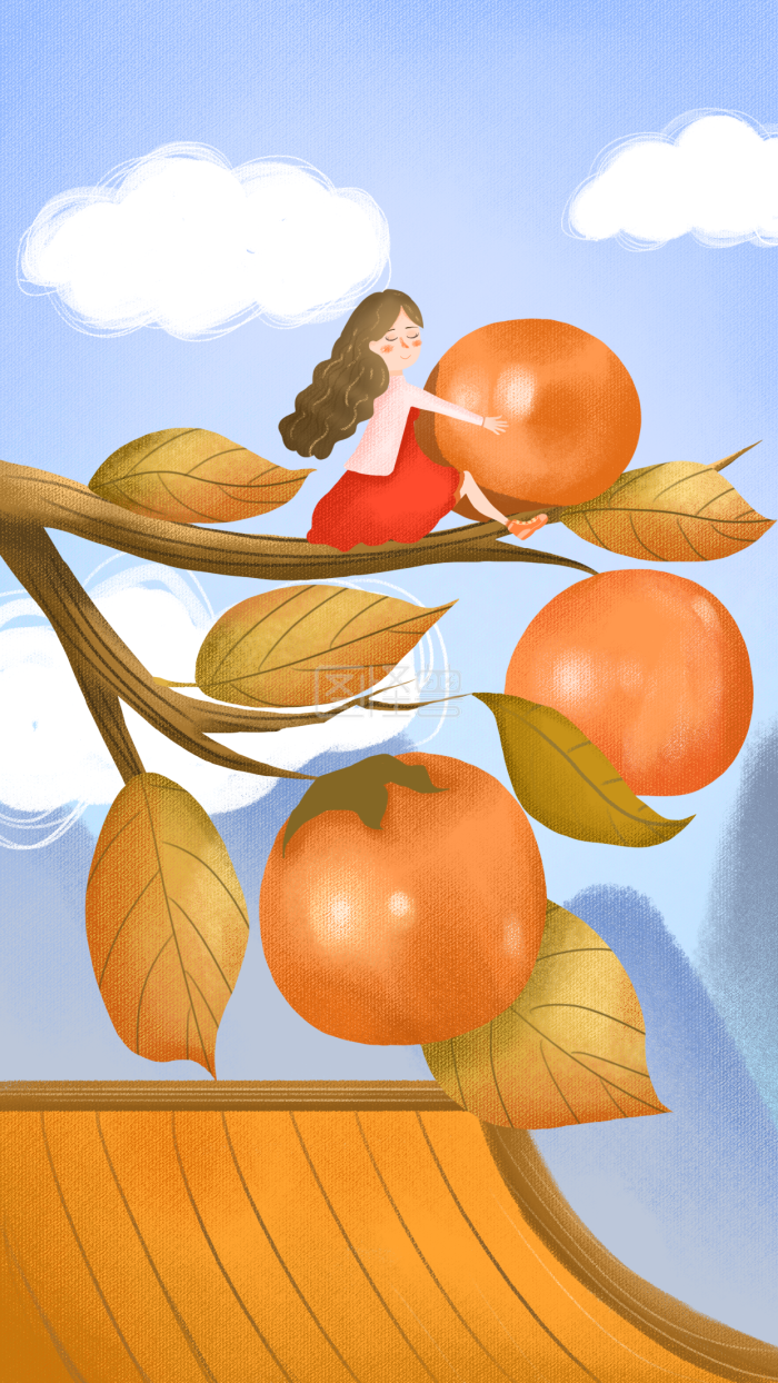 图怪兽原创元素霜降女孩抱柿子插画