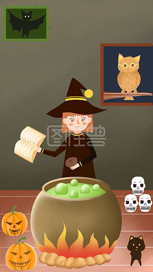 图怪兽原创元素万圣节卡通人物炼药插画