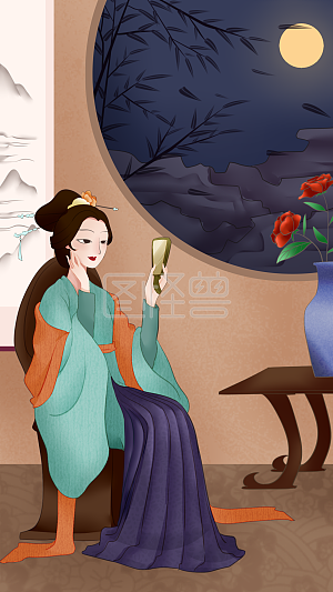 图怪兽原创元素古风双十一古代美女照镜子背景