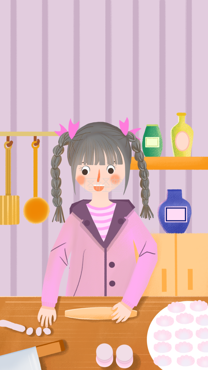 图怪兽原创元素立冬女孩做水饺插画