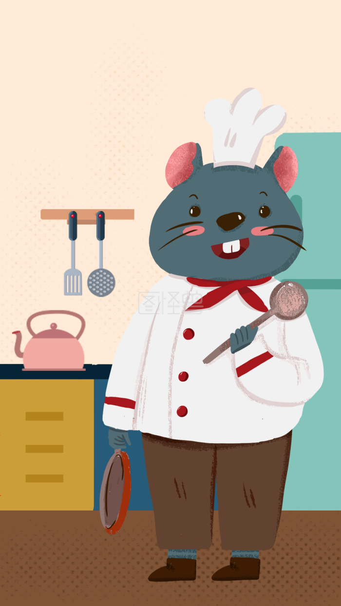 图怪兽原创元素扁平风厨房里的卡通厨师鼠
