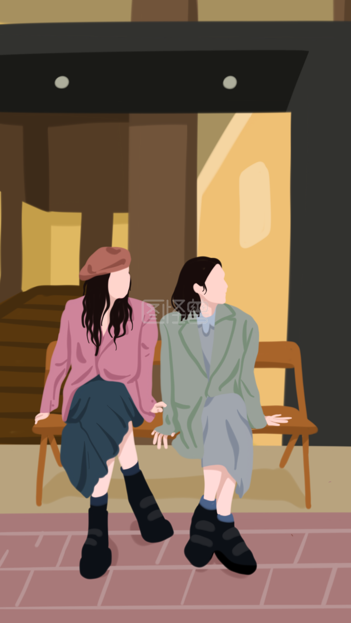 图怪兽原创元素插画元素两位美女闺蜜坐在椅子上