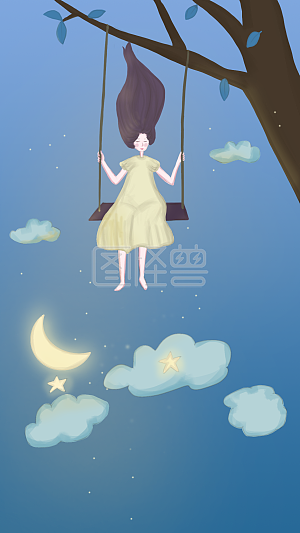 图怪兽原创元素清新唯美星空树上汤秋千的女孩晚安日签插画背景