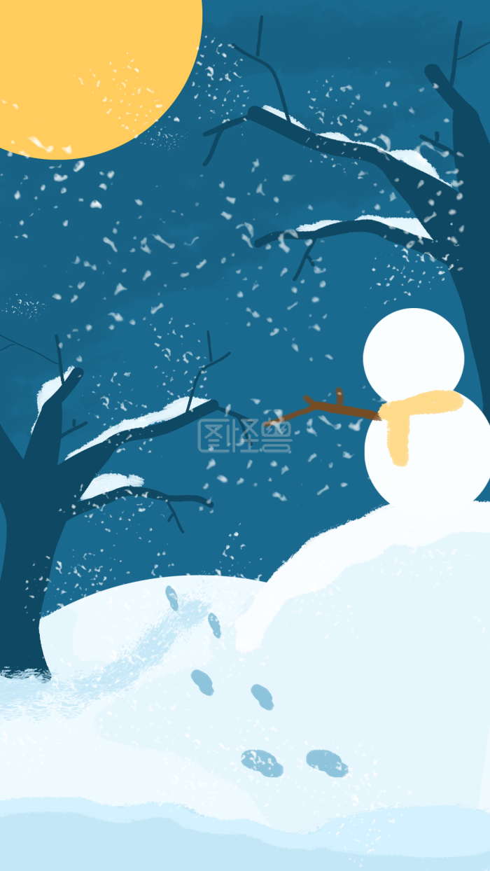 图怪兽原创元素 蓝色 大雪 雪人 月亮 下雪-背景素材图片-图怪兽