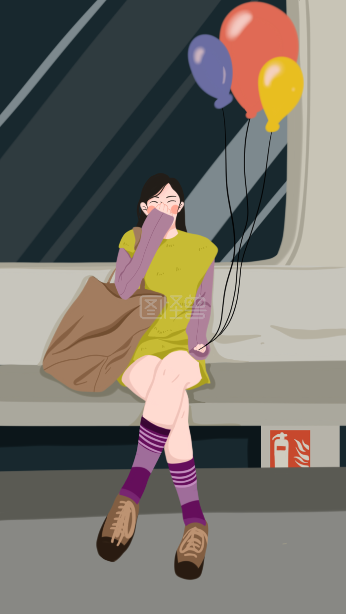 图怪兽原创元素旅游插画元素拿着气球坐地铁的女孩