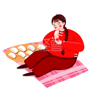 图怪兽原创元素 吃馒头的人 女生 馒头 复古 手绘卡通 馒头