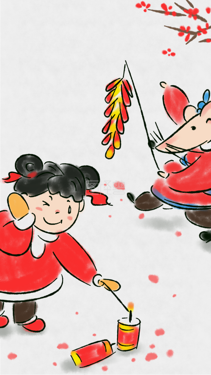 图怪兽原创元素水墨年俗守岁手机插画