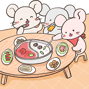 图怪兽原创元素卡通吃年夜饭的小老鼠吃火锅