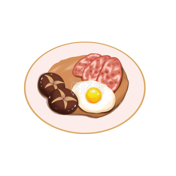 图怪兽美食小吃煎鸡蛋腊肠香菇传统食物