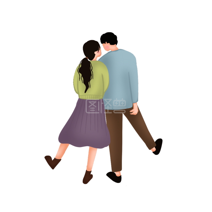 图怪兽原创元素清新卡通情人节 一起走路的情侣背面