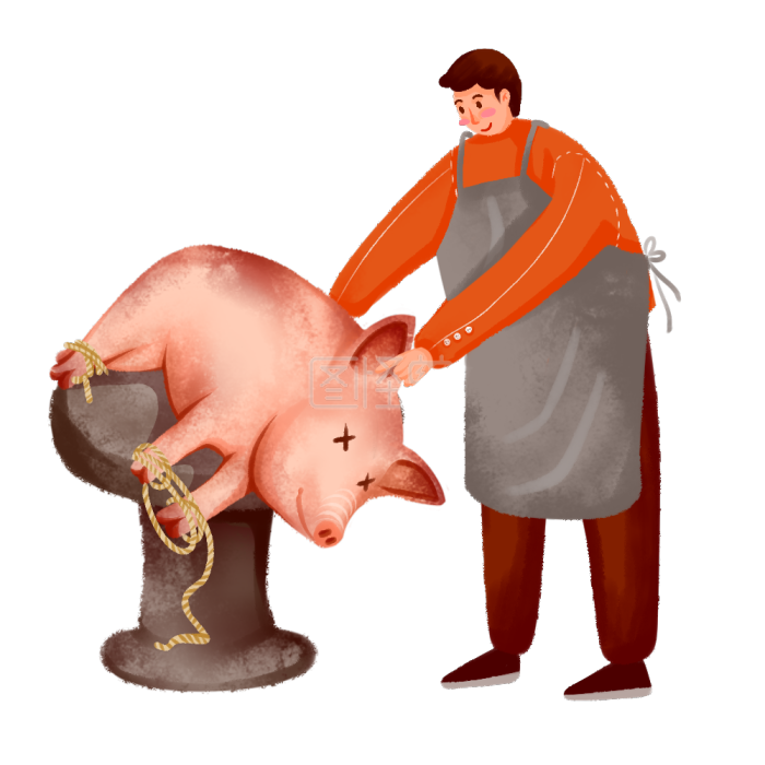 图怪兽原创元素 新年 喜庆 民俗 杀猪 猪肉 杀猪的人 石桌上绑着的猪