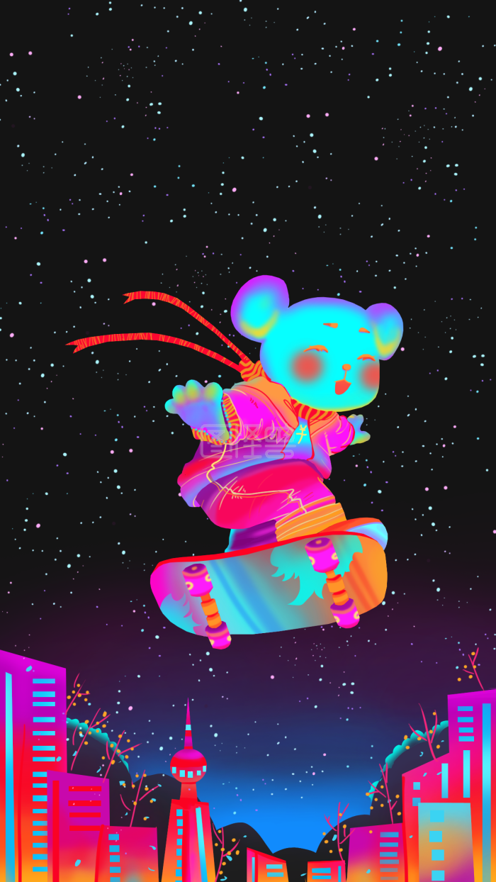 图怪兽原创元素镭射渐变梦幻鼠年滑板星空-背景素材图片-图怪兽