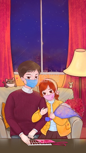 疫情系列情人节   卡通   室内   情侣