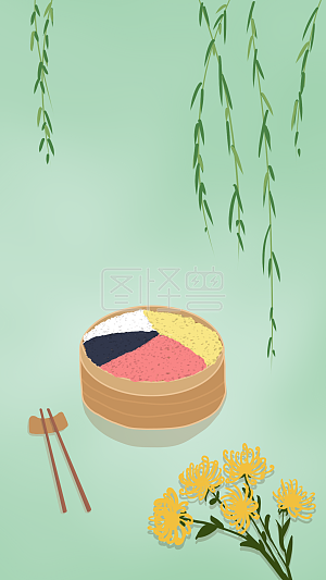 图怪兽原创元素小清新清明节美食五色糯米饭海报背景