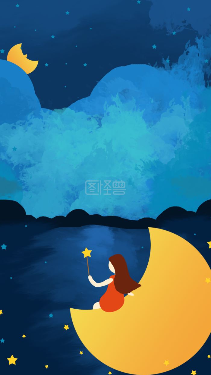 图怪兽原创元素 卡通 蓝色 关爱自闭儿童 月亮 小女孩-背景素材图片