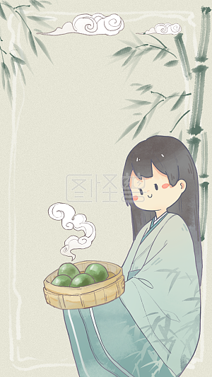 图怪兽原创元素寒食节节日卡通青团人物竹子