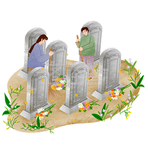 肌理手绘传统节日清明节灰色系扫墓的男女