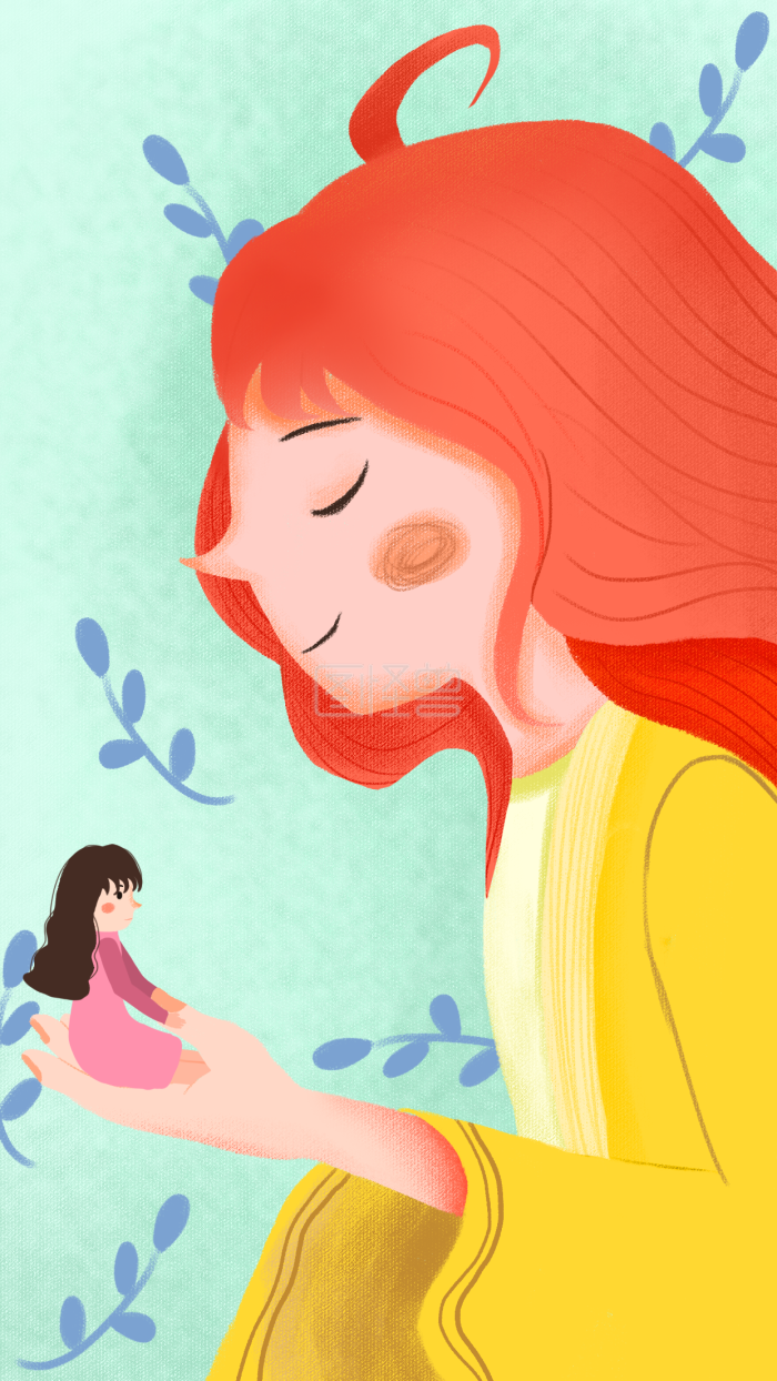 卡通节日母亲节侧脸女孩黄色母亲