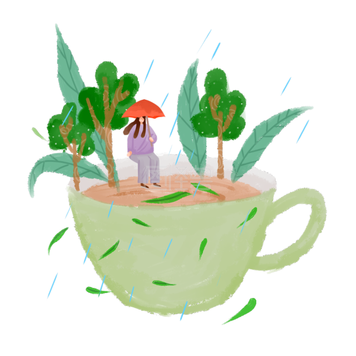 水彩风二十四节气谷雨绿色系茶杯上的女孩