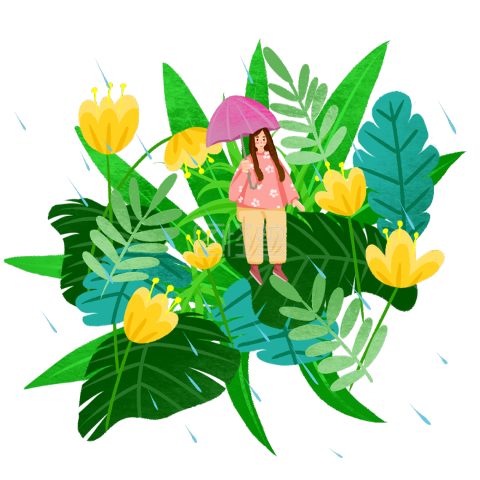 肌理插画二十四节气谷雨绿色系雨中的女孩-背景素材图片-图怪兽