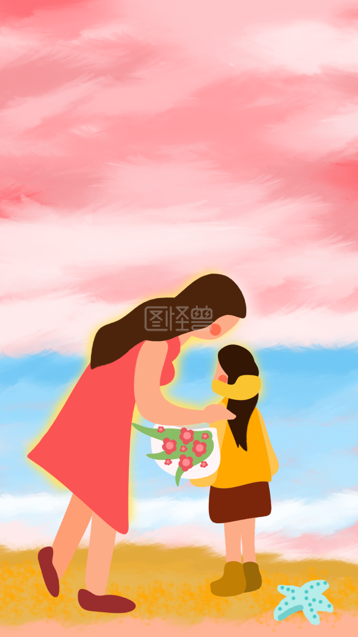 图怪兽原创元素 卡通 母亲节 母亲 孩子 粉色 阳光 鲜花 大海 粉色