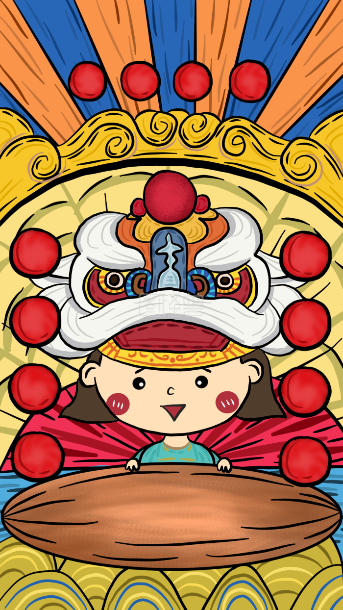 图怪兽原创元素喜庆过节腰鼓人物灯笼狮子-背景素材图片-图怪兽